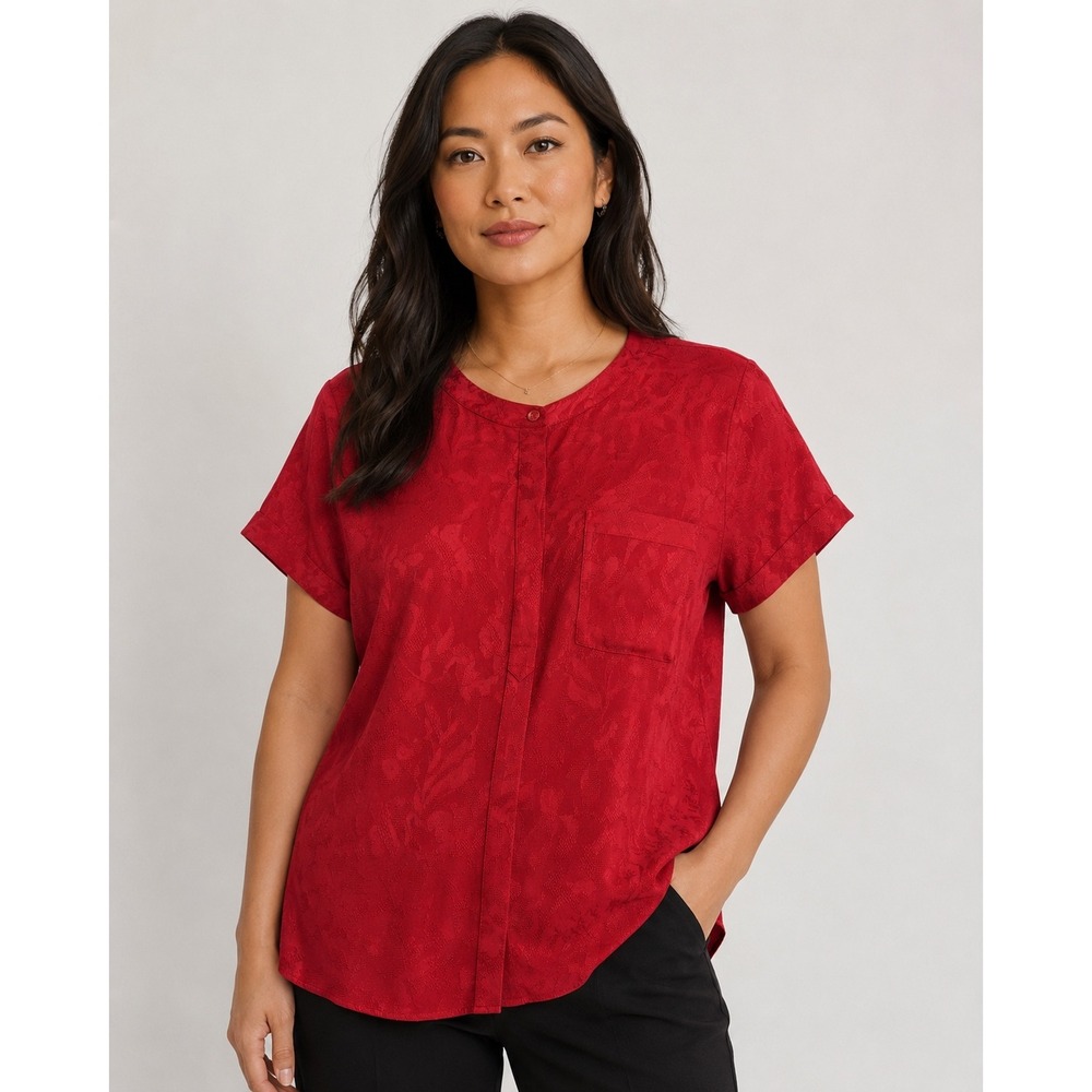 Simply Vera Vera Wang Red Jacquard Floral Blouse Short Sleeve Band Collar M